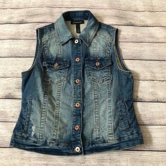 INC International Concepts Distressed Denim Vest - Picture 1 of 6